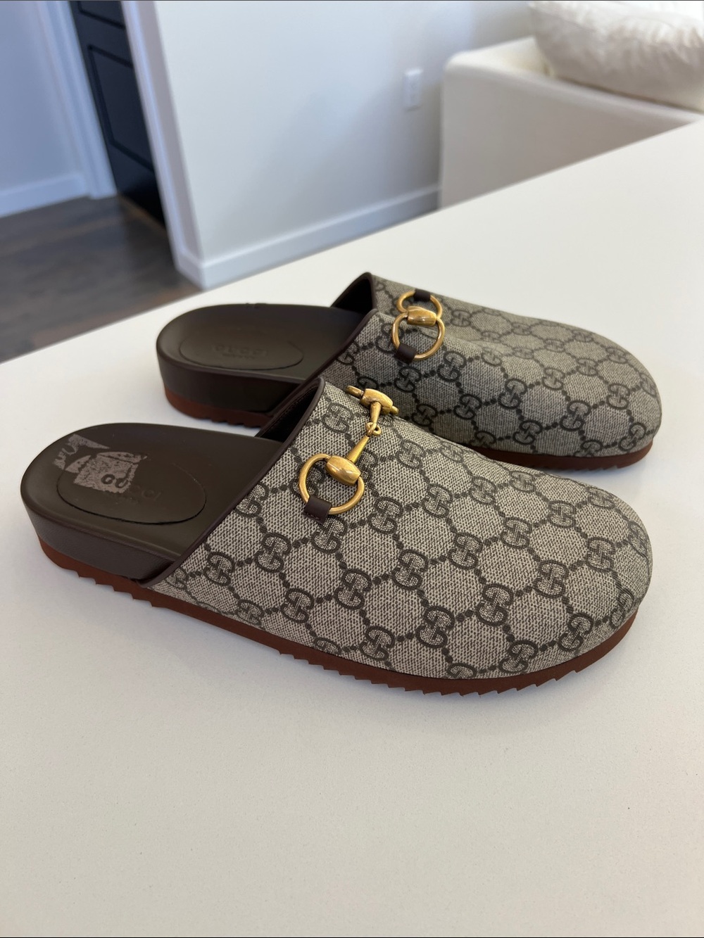 Gucci GG monogram supreme horsebit mules clogs brown coated canvas leather 39